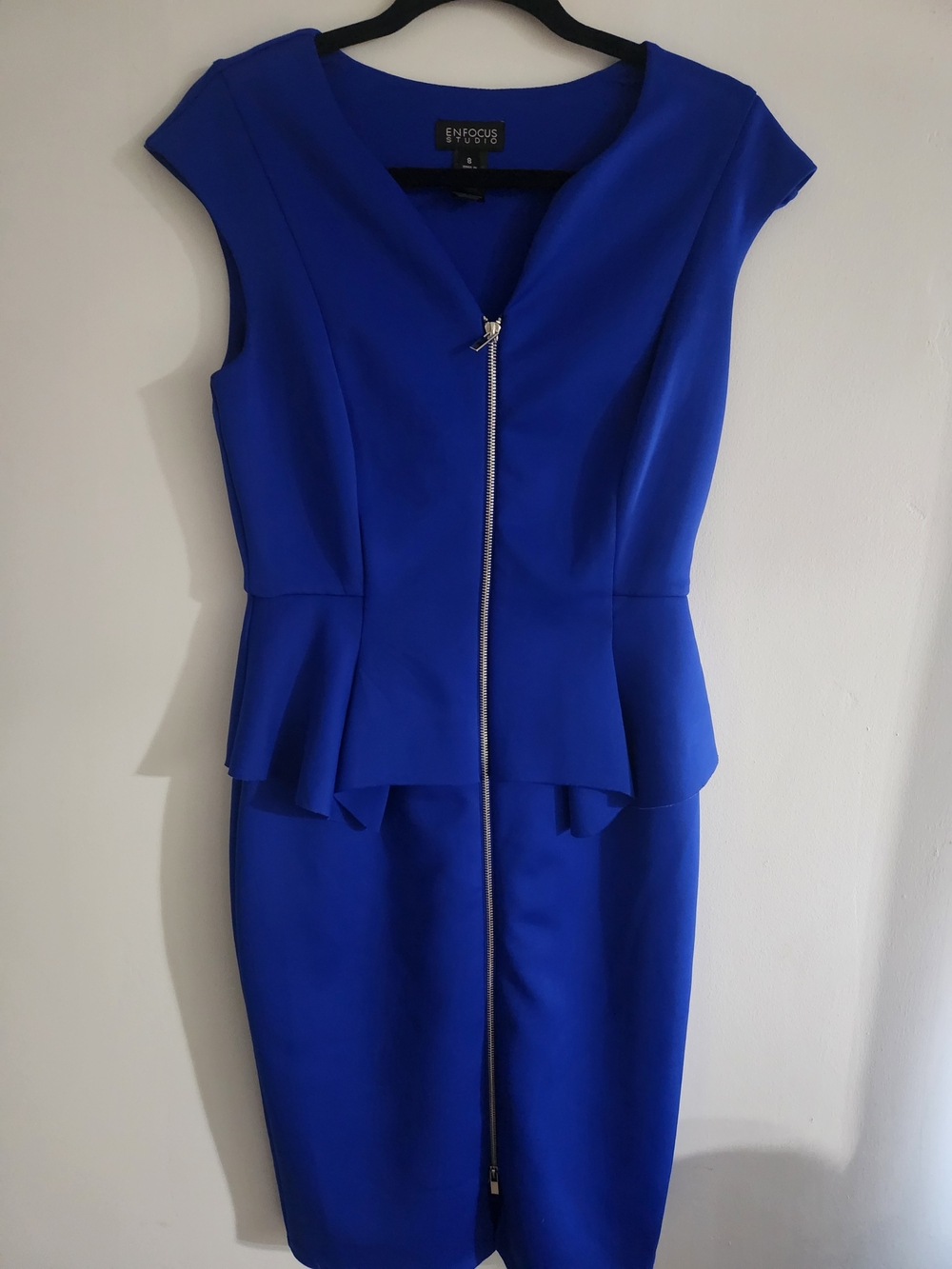 Enfocus Studio Cobalt Blue Peplum Sheath Dress with Front Zip